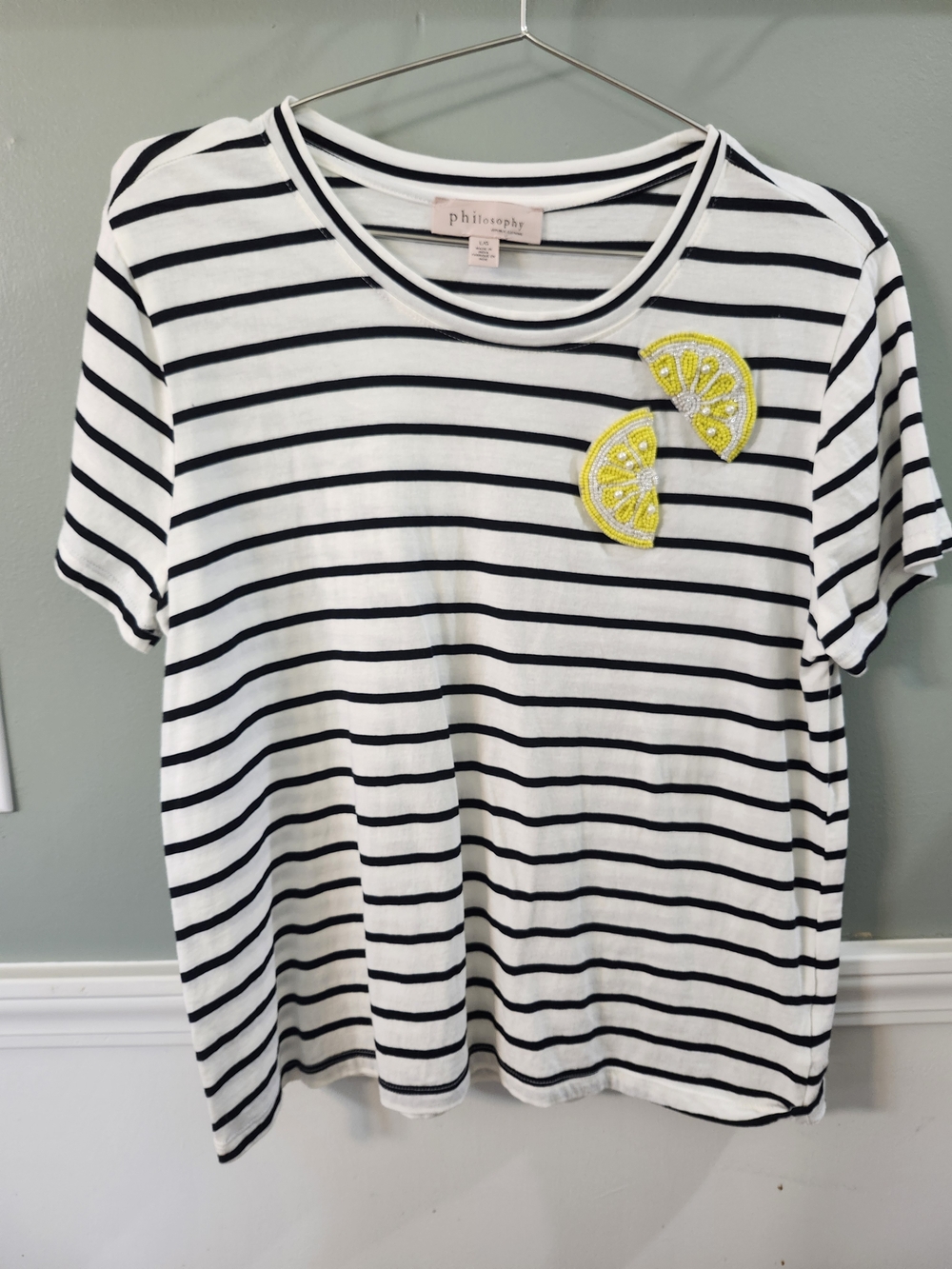Philosophy Black & White Striped Short-Sleeve Tee with Yellow Lemon Appliqués